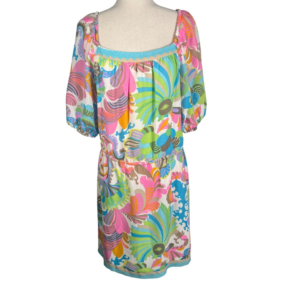 Trina Turk Silk Floral Shift Dress Womens 6 Multicolor Boho Retro Resort 60s 70s